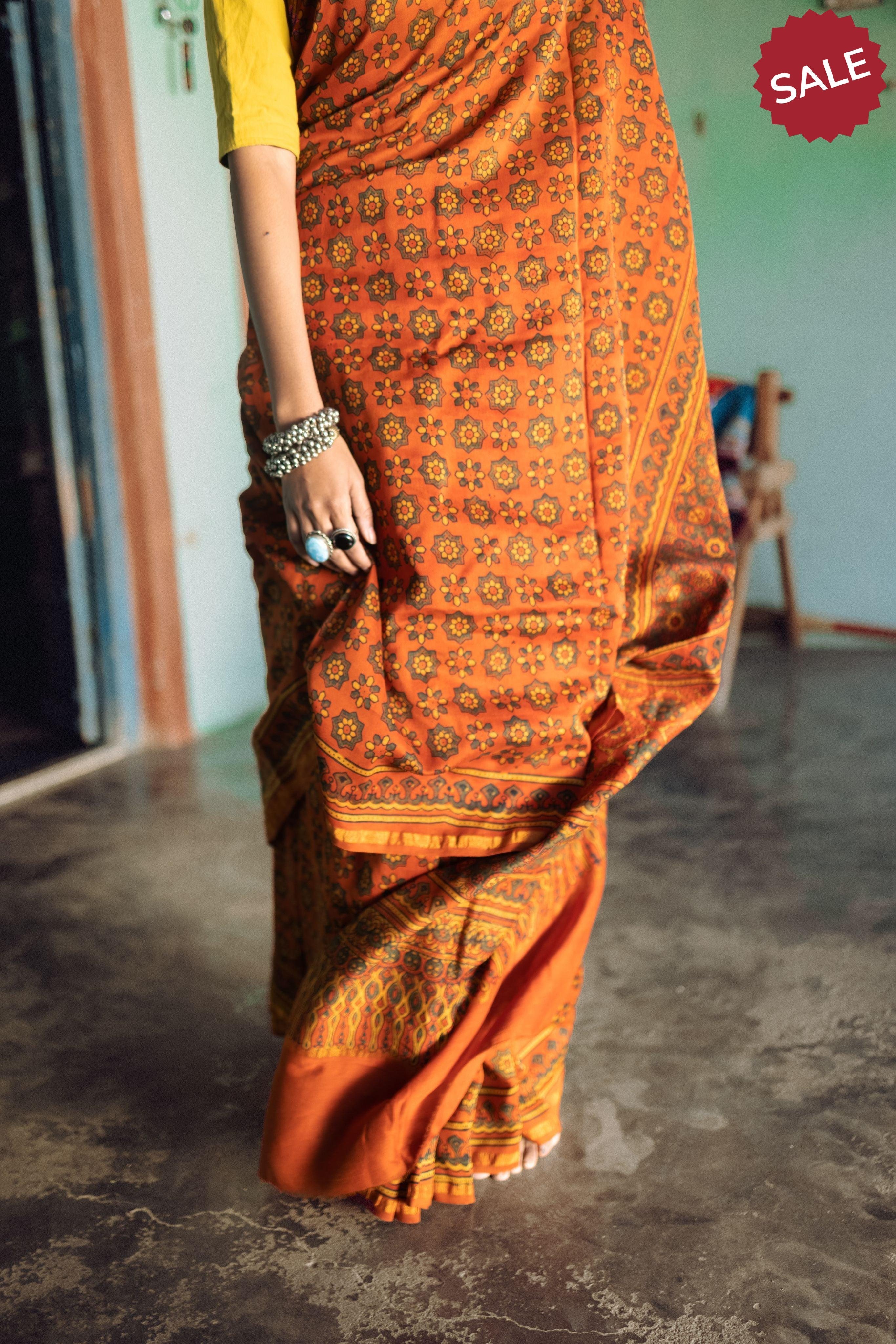 Jharokha -Orange green silk cotton Ajrakh handblockprinted saree Kaisori