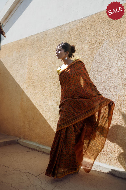 Jharokha -Orange green silk cotton Ajrakh handblockprinted saree Kaisori