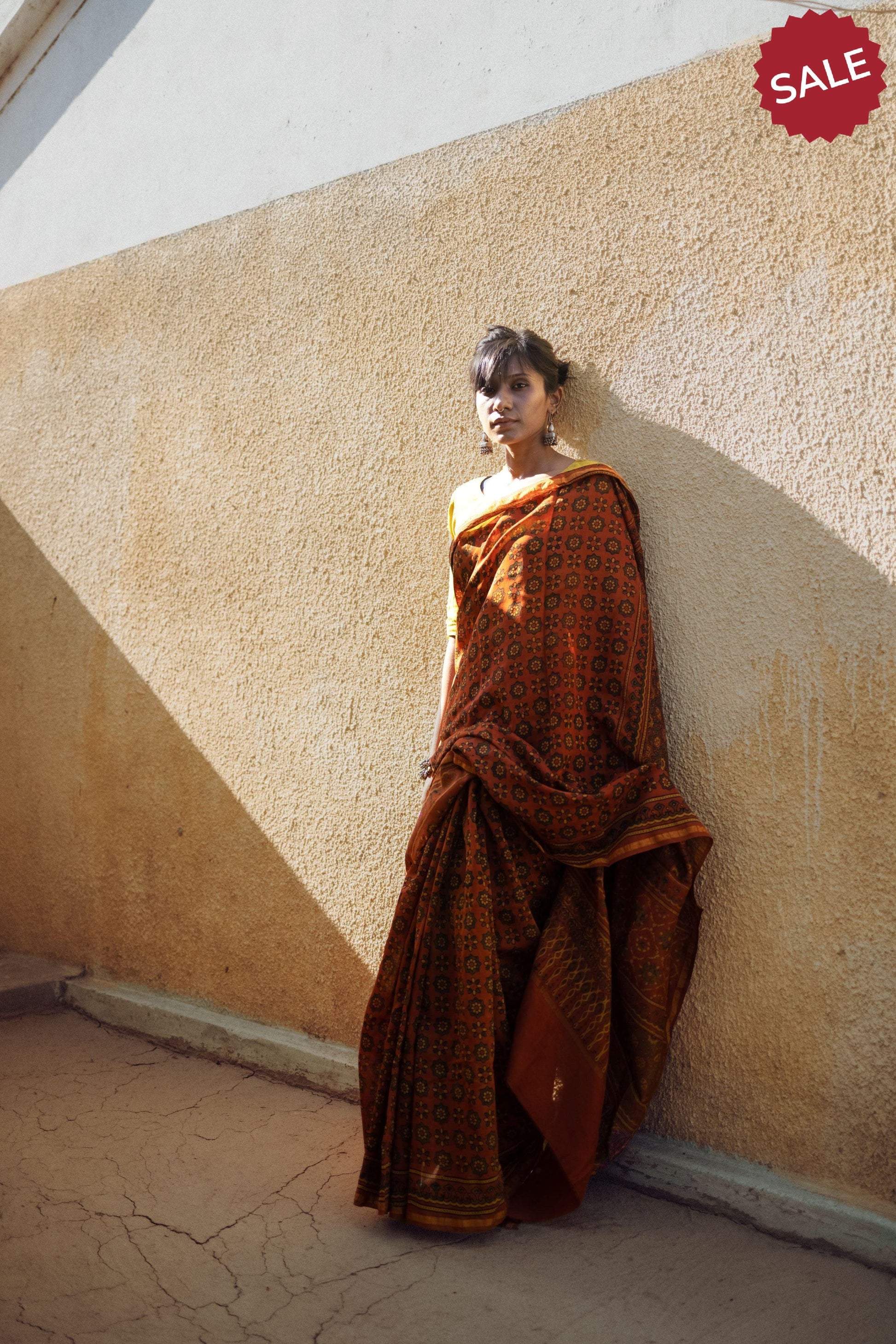 Jharokha -Orange green silk cotton Ajrakh handblockprinted saree Kaisori