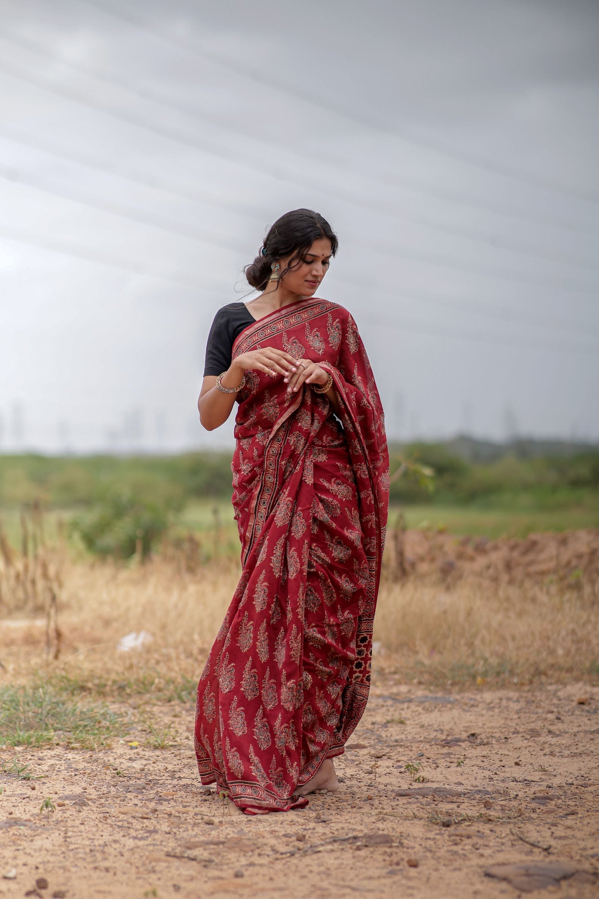 Jharokha -Red Mughal boota floral silk cotton Ajrakh handblockprinted saree Kaisori