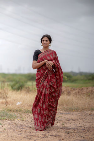 Jharokha -Red Mughal boota floral silk cotton Ajrakh handblockprinted saree Kaisori