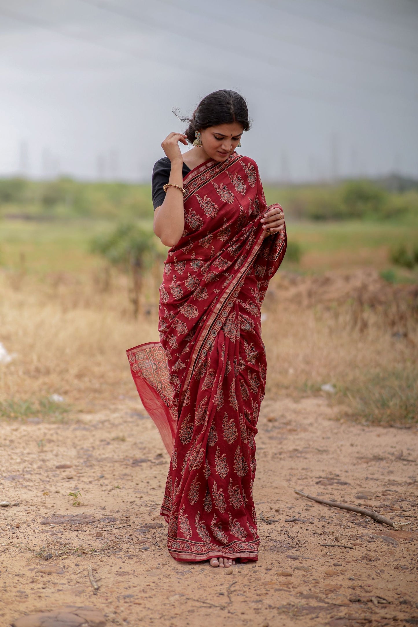 Jharokha -Red Mughal boota floral silk cotton Ajrakh handblockprinted saree Kaisori