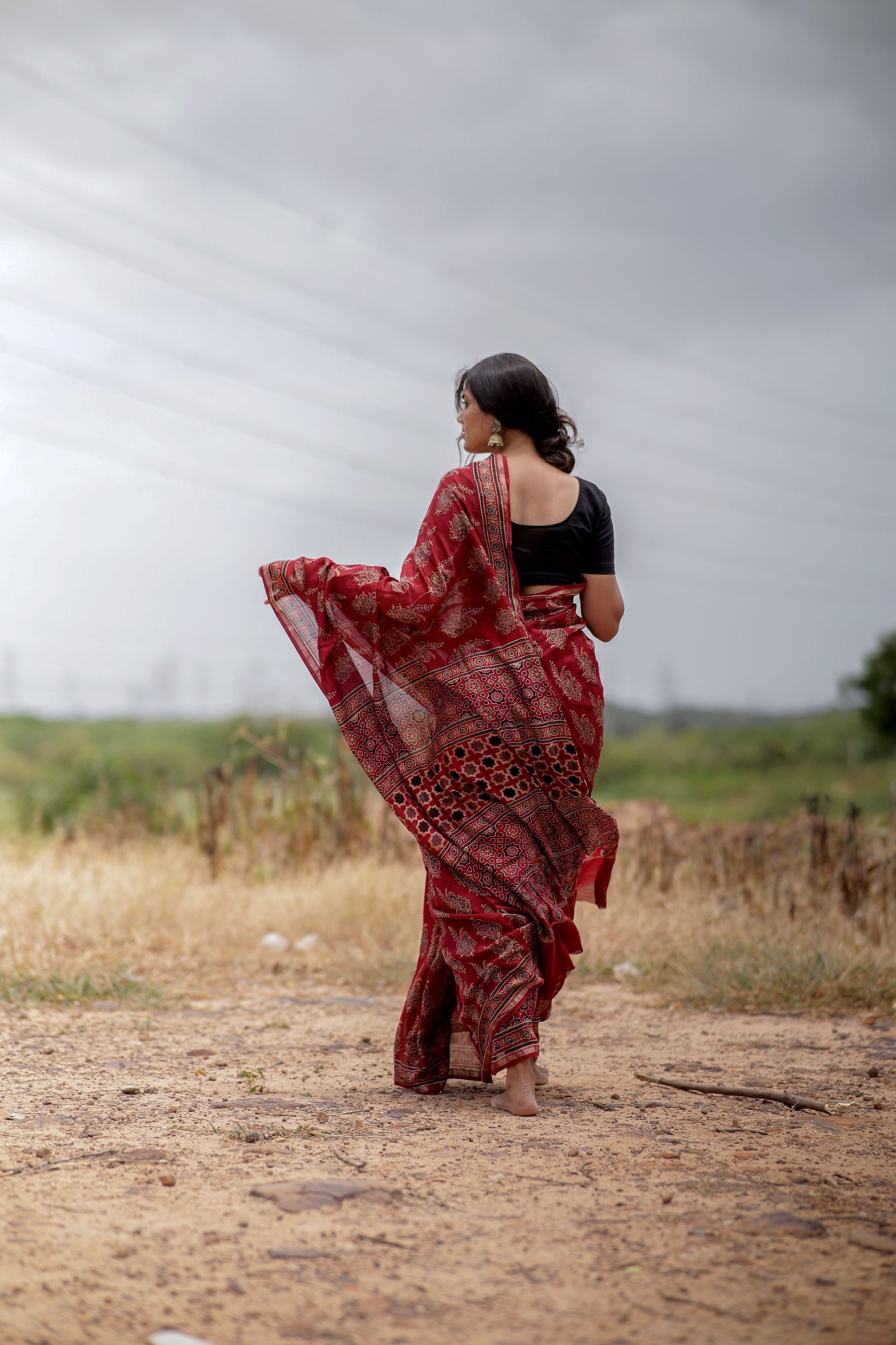 Jharokha -Red Mughal boota floral silk cotton Ajrakh handblockprinted saree Kaisori