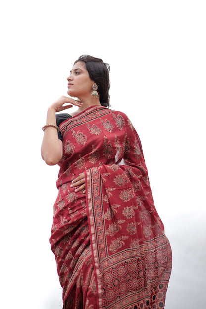 Jharokha -Red Mughal boota floral silk cotton Ajrakh handblockprinted saree Kaisori