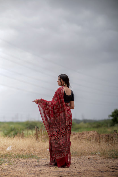 Jharokha -Red Mughal boota floral silk cotton Ajrakh handblockprinted saree Kaisori