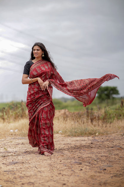 Jharokha -Red Mughal boota floral silk cotton Ajrakh handblockprinted saree Kaisori