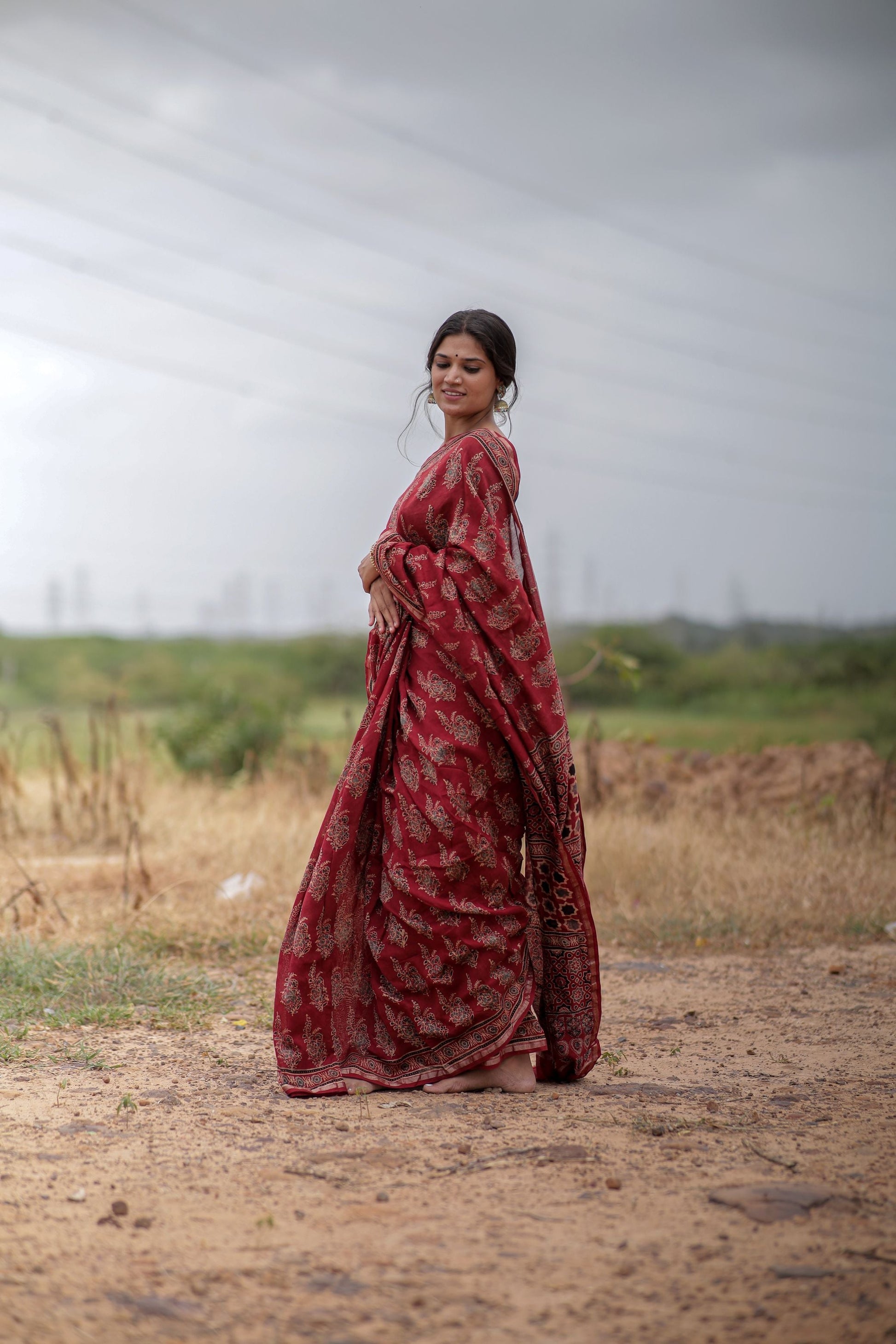 Jharokha -Red Mughal boota floral silk cotton Ajrakh handblockprinted saree Kaisori