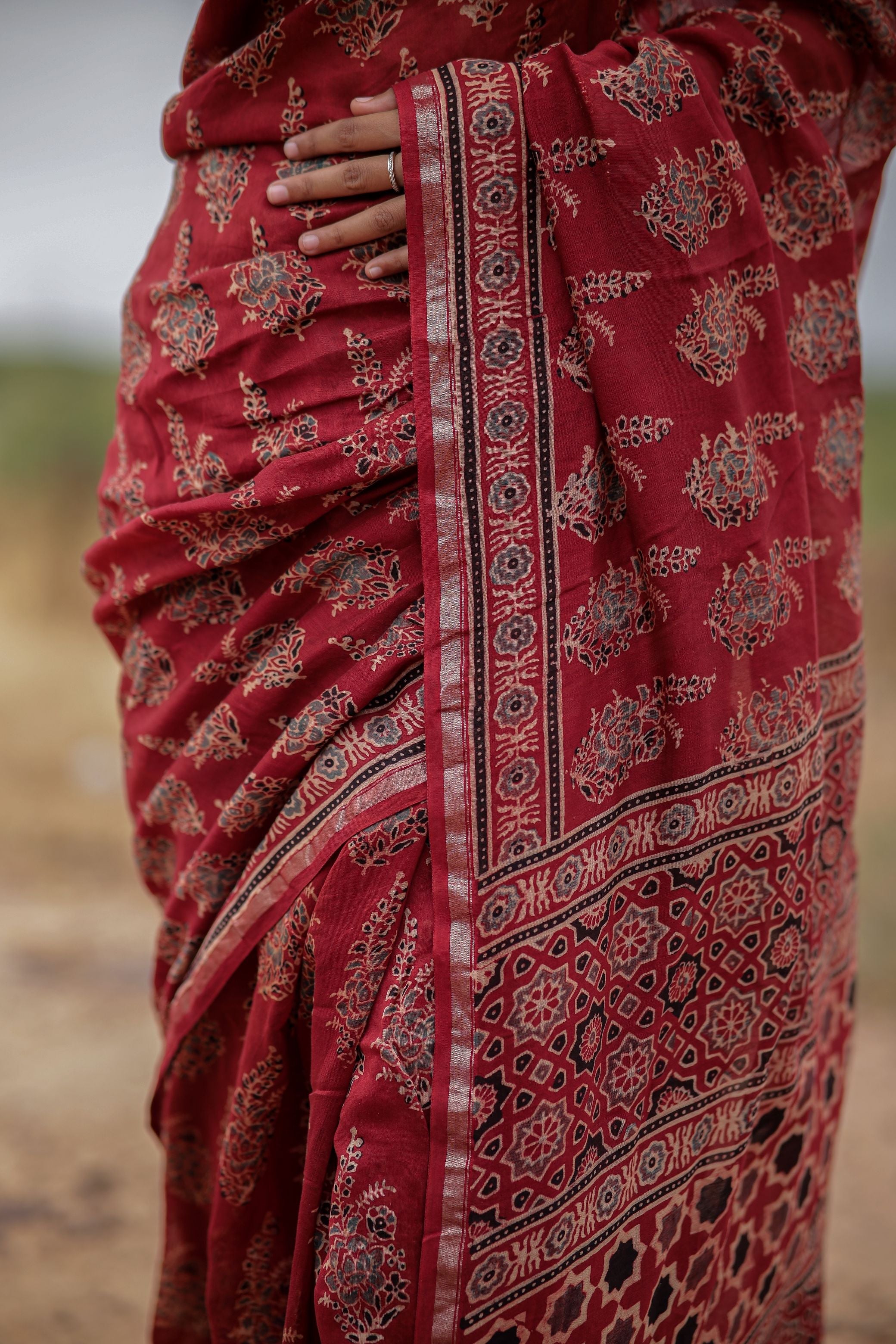 Jharokha -Red Mughal boota floral silk cotton Ajrakh handblockprinted saree Kaisori