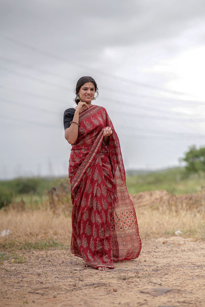 Jharokha -Red Mughal boota floral silk cotton Ajrakh handblockprinted saree Kaisori