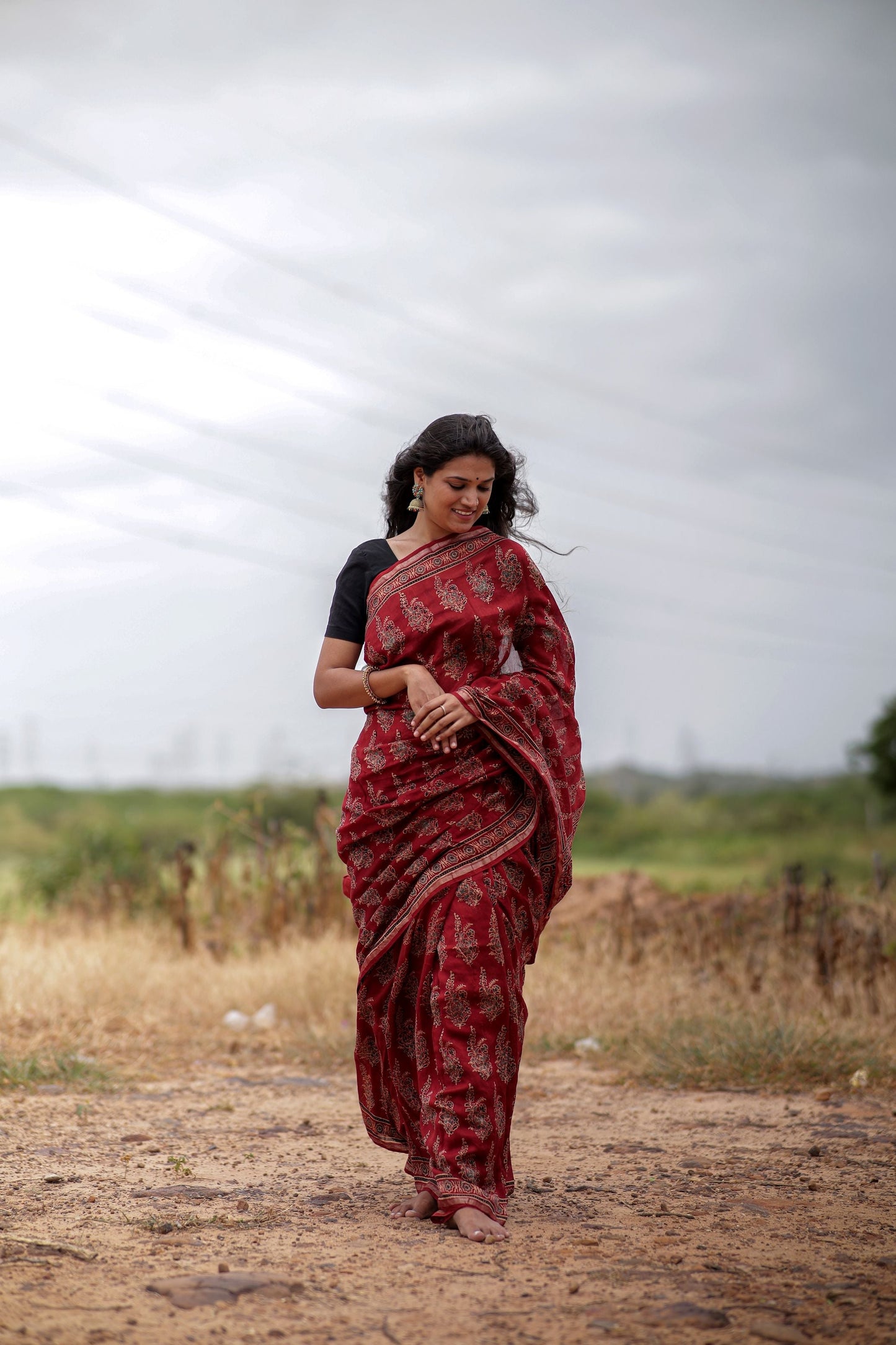 Jharokha -Red Mughal boota floral silk cotton Ajrakh handblockprinted saree Kaisori