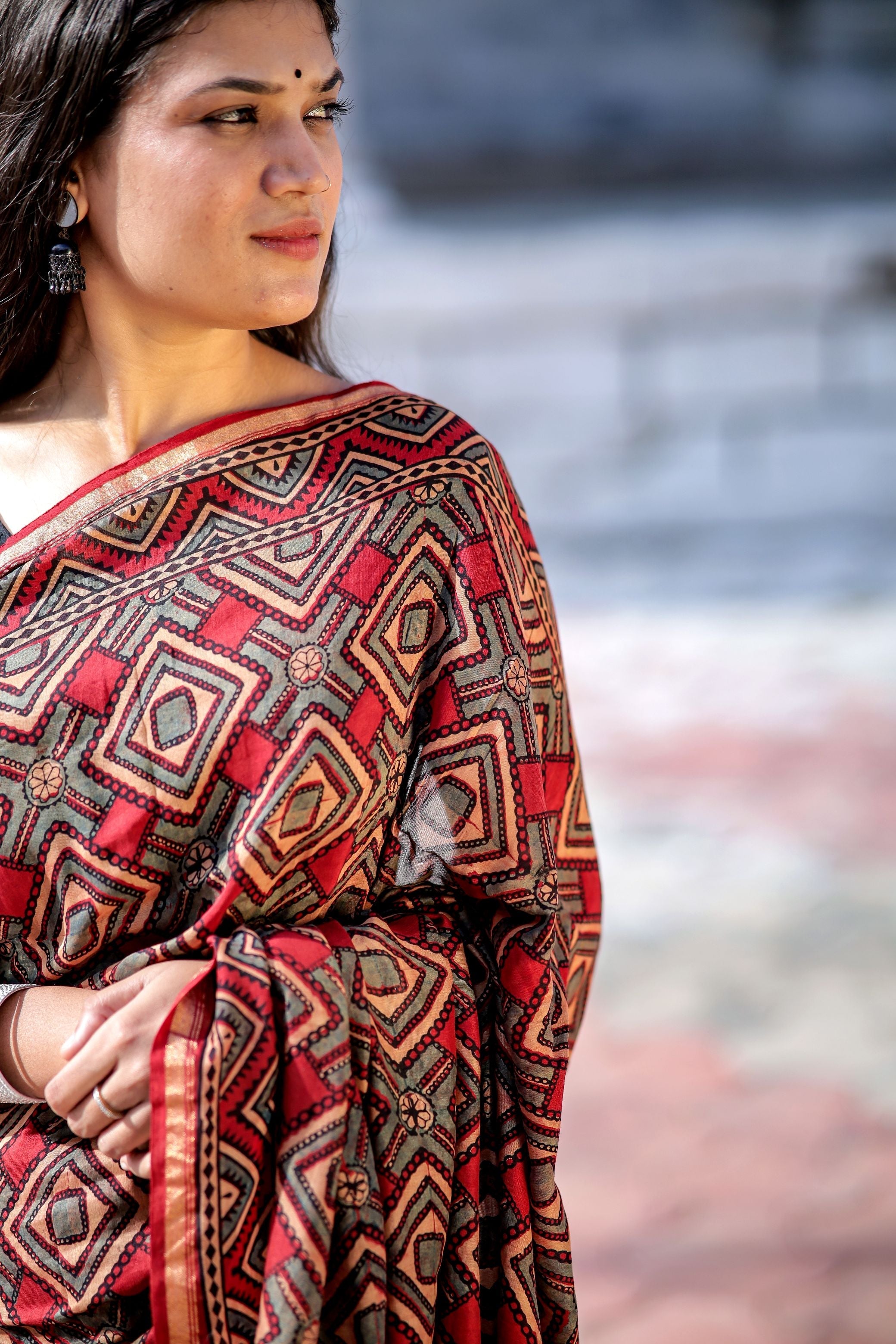 Jharokha - Red and black triangle red striped silk cotton Ajrakh handblockprinted saree Kaisori