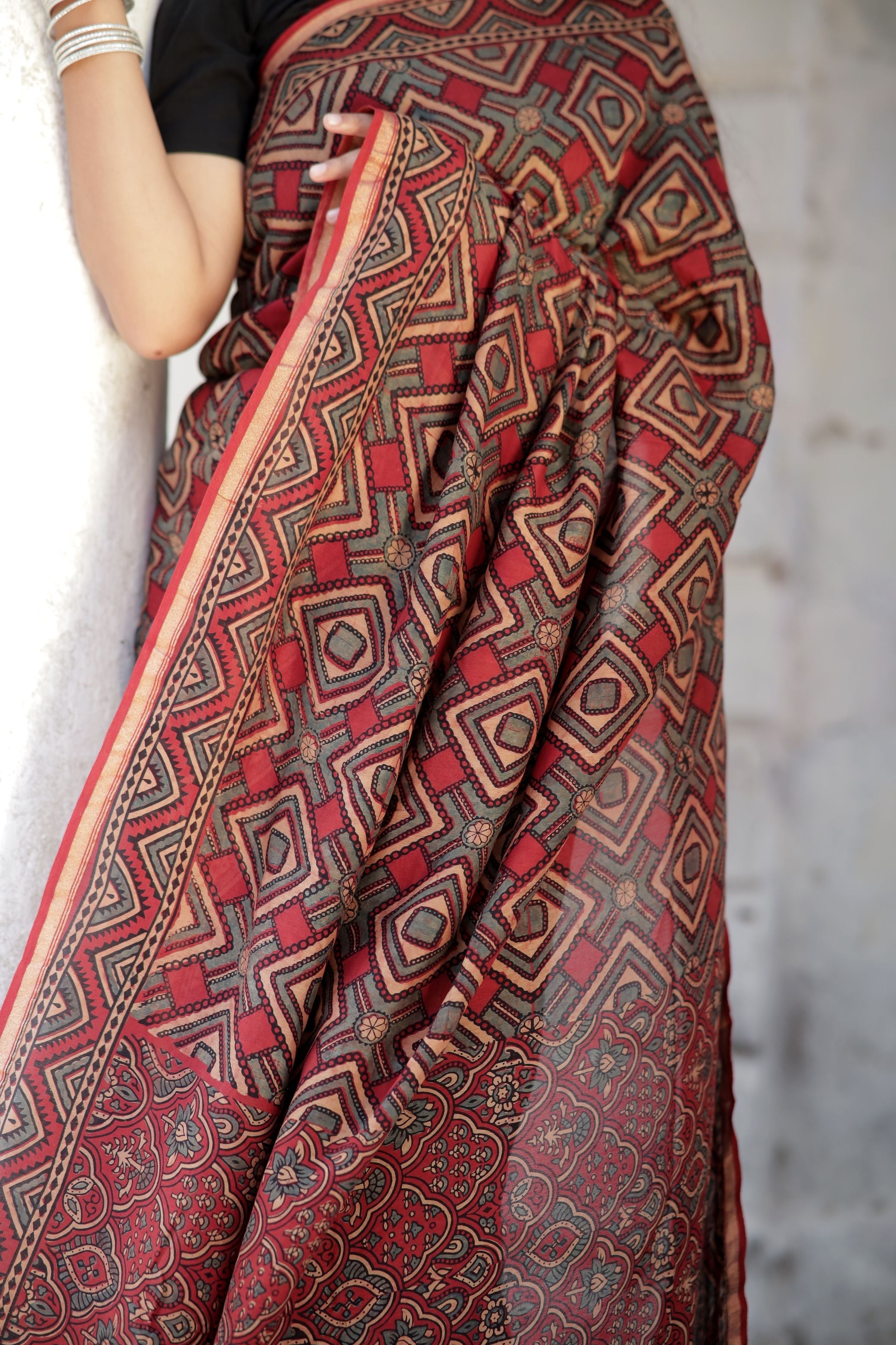 Jharokha - Red and black triangle red striped silk cotton Ajrakh handblockprinted saree Kaisori