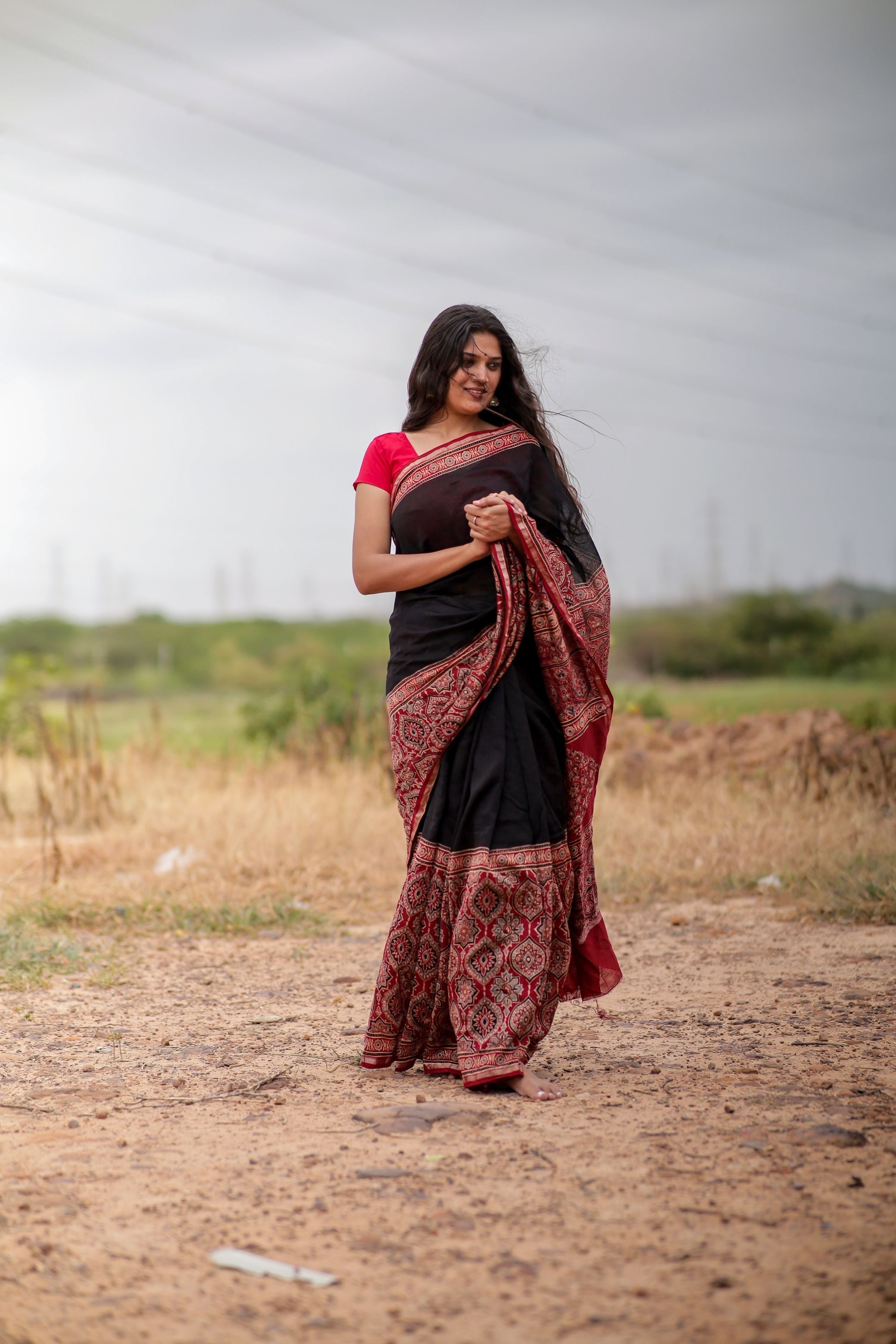 Jharokha - Red & black red striped silk cotton Ajrakh handblockprinted saree Kaisori