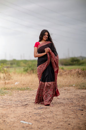 Jharokha - Red & black red striped silk cotton Ajrakh handblockprinted saree Kaisori