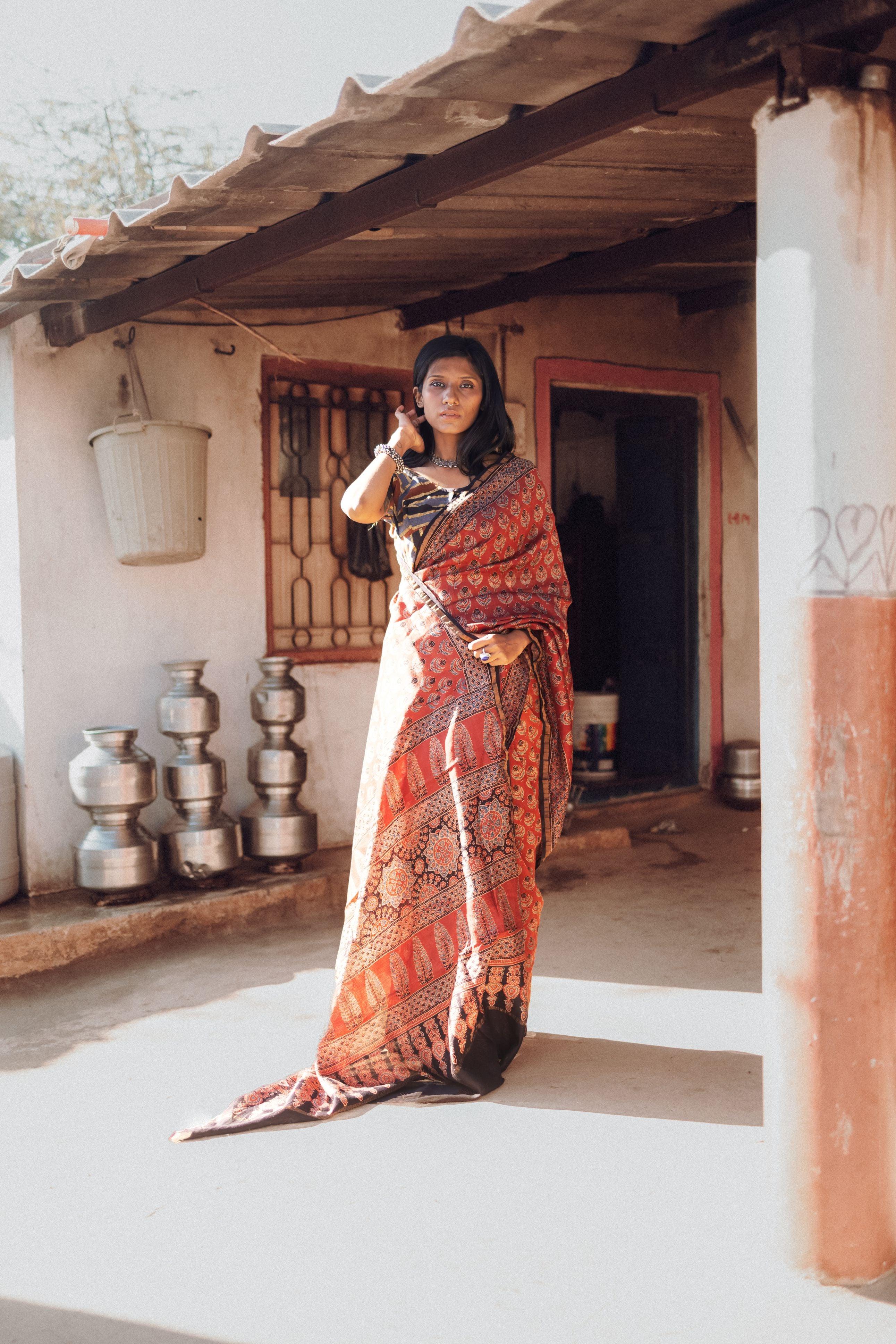 Jharokha -Red silk cotton Ajrakh handblockprinted saree Kaisori