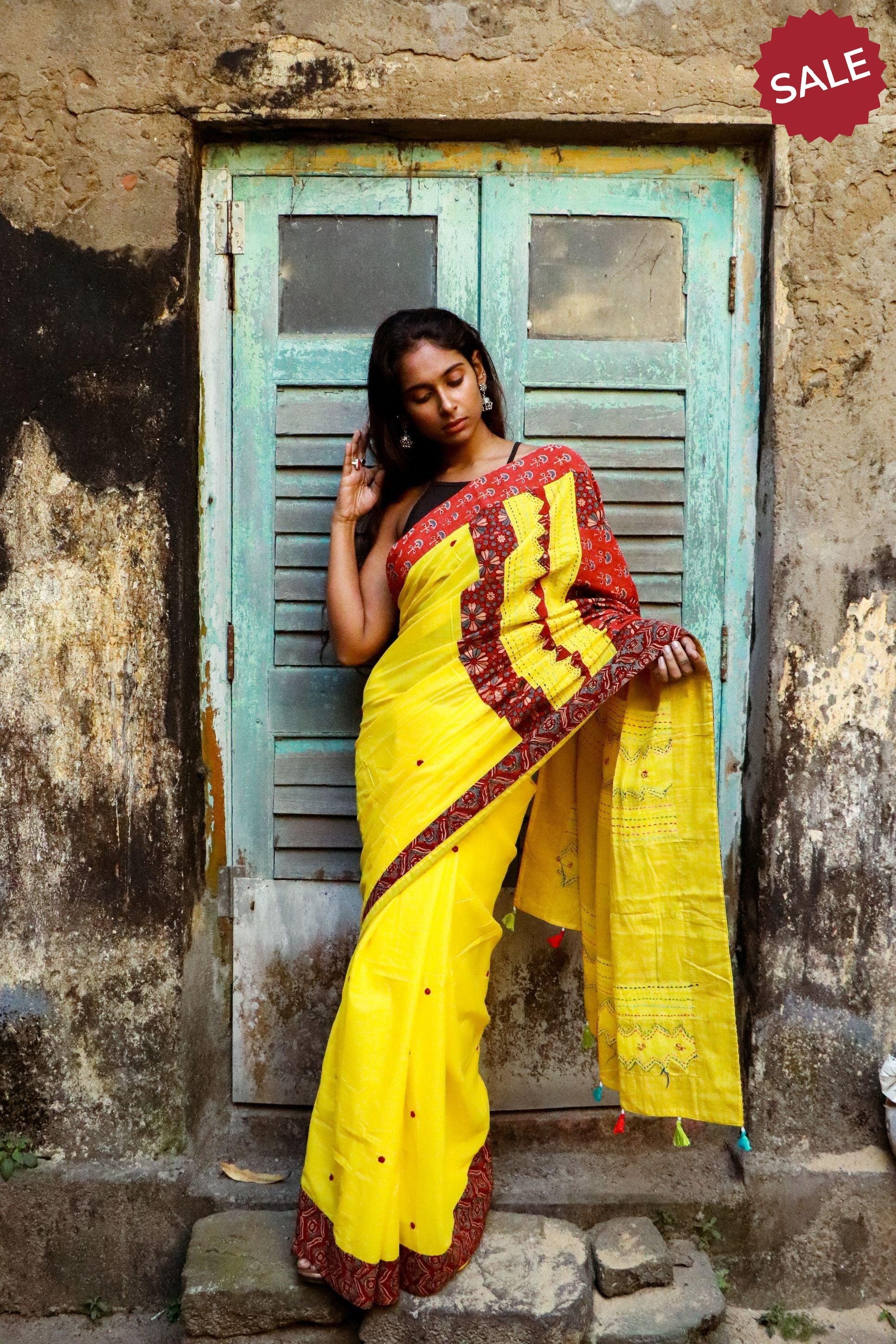 Jharokha -  Yellow and Red Ajrakh handblockprinted patchwork Gudri saree Kaisori