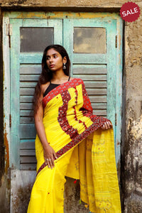 Jharokha -  Yellow and Red Ajrakh handblockprinted patchwork Gudri saree Kaisori