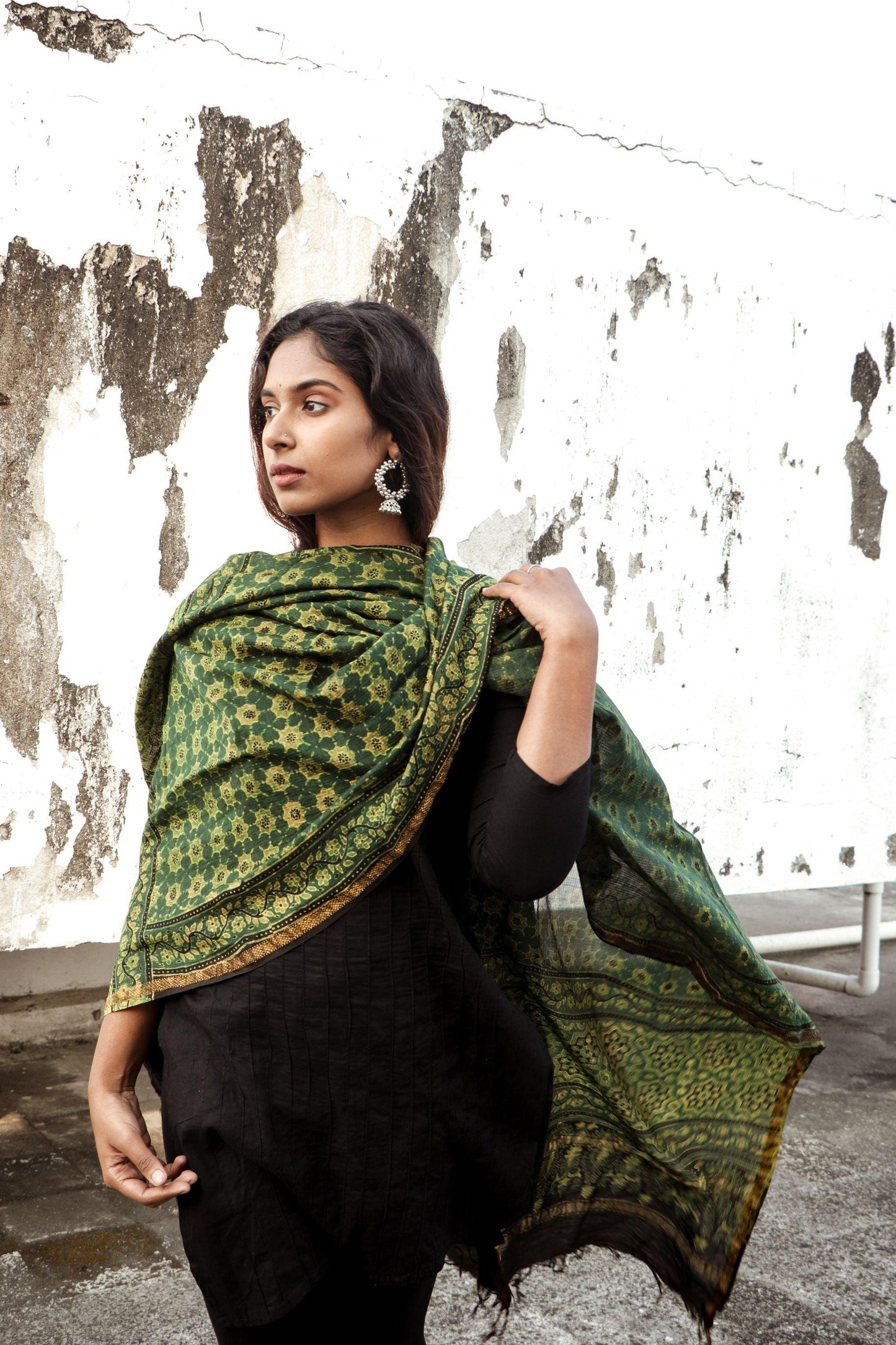 Kaisori Ajrakh Green Chanderi Dupatta Kaisori