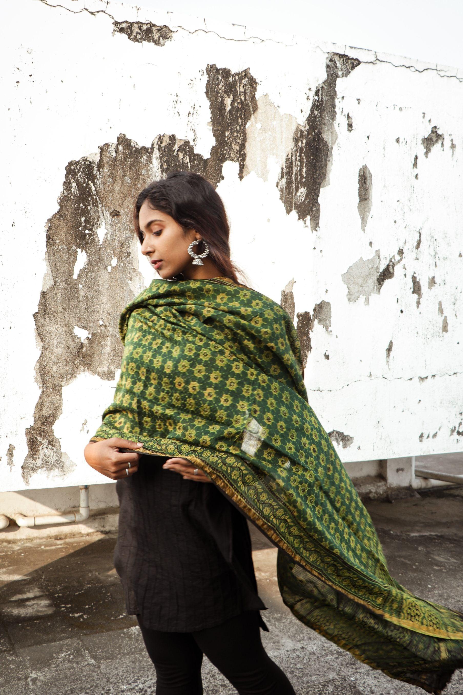 Kaisori Ajrakh Green Chanderi Dupatta Kaisori