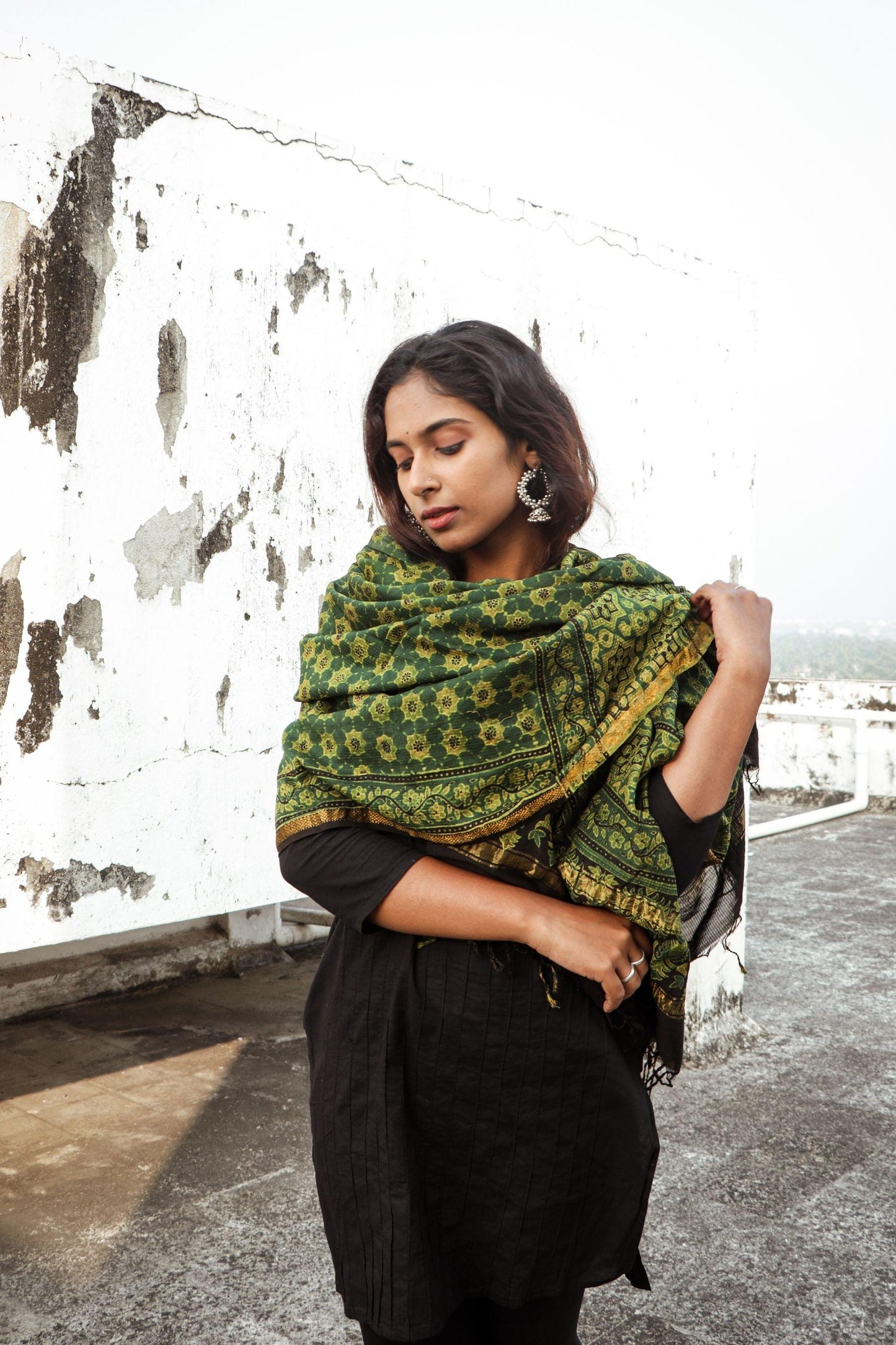 Kaisori Ajrakh Green Chanderi Dupatta Kaisori