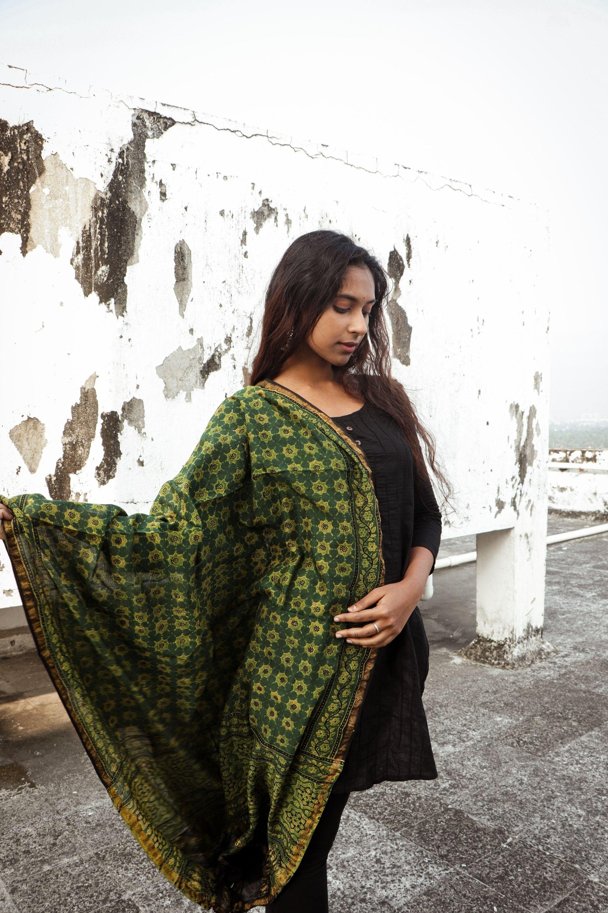 Kaisori Ajrakh Green Chanderi Dupatta Kaisori