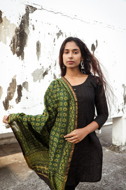 Kaisori Ajrakh Green Chanderi Dupatta Kaisori