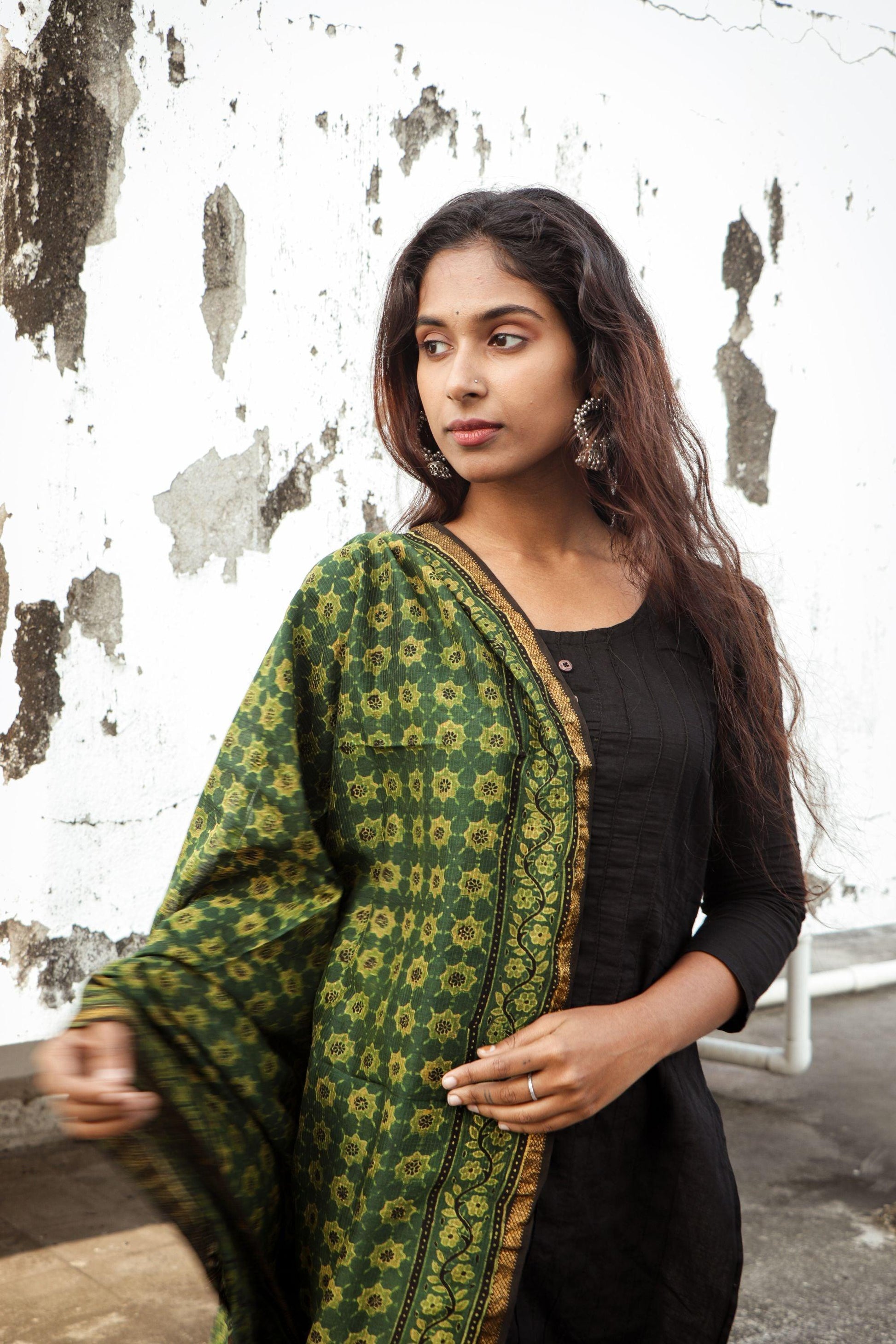 Kaisori Ajrakh Green Chanderi Dupatta Kaisori