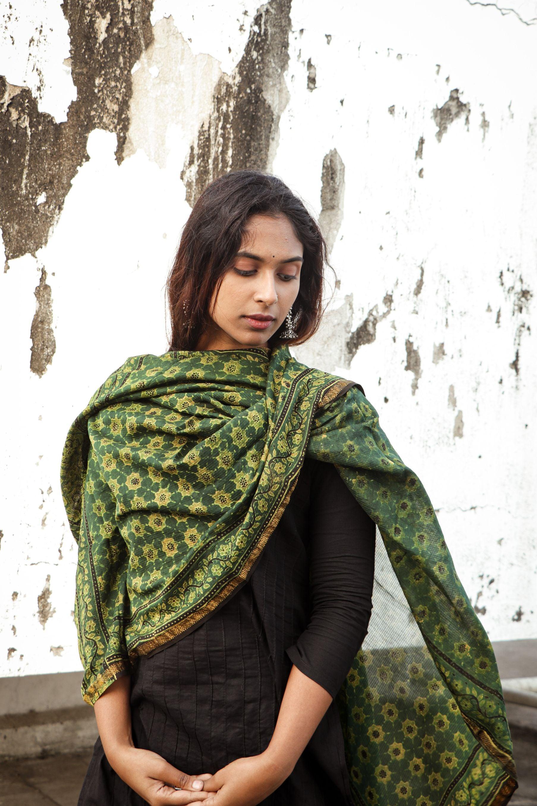 Kaisori Ajrakh Green Chanderi Dupatta Kaisori