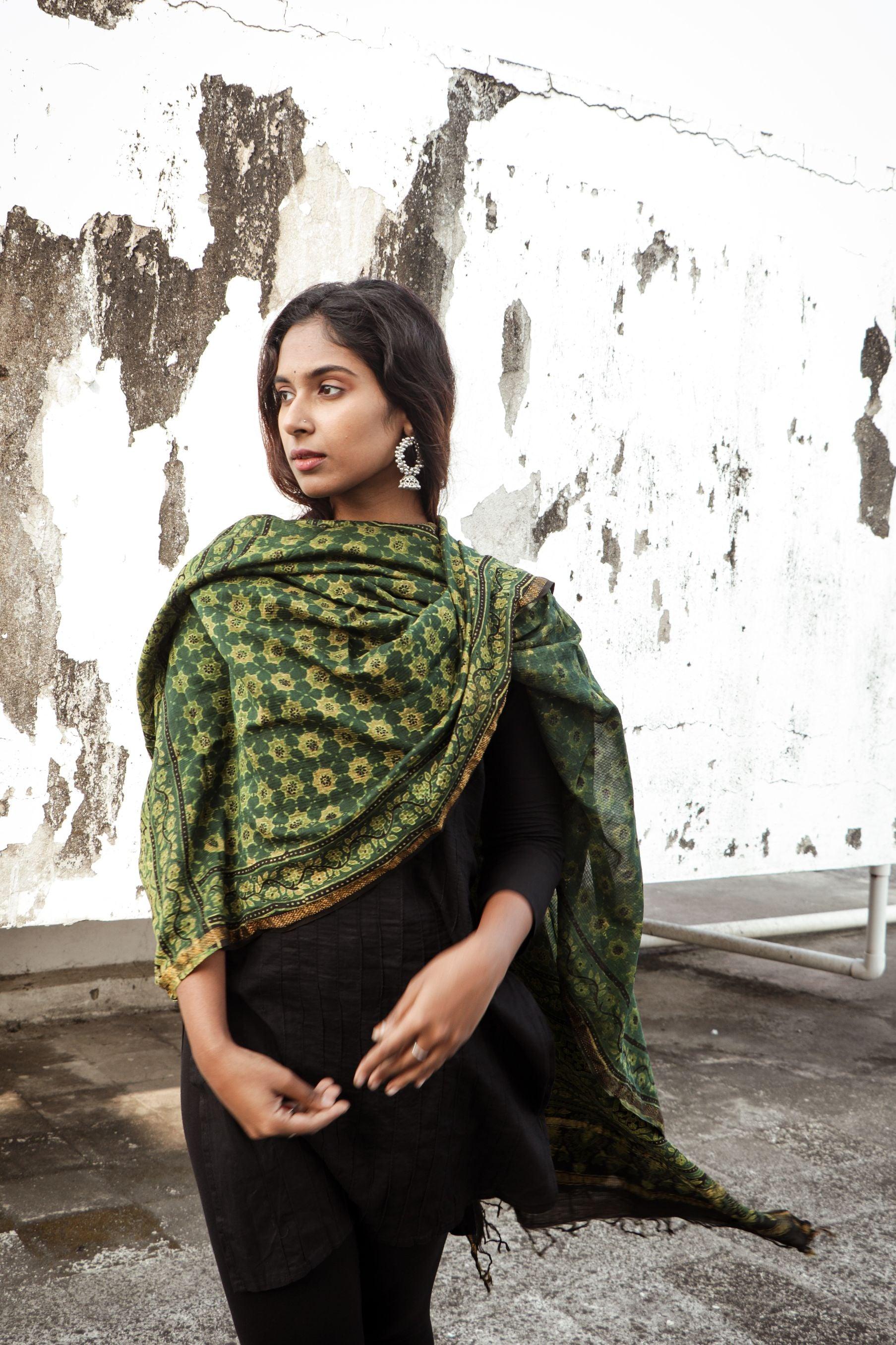 Kaisori Ajrakh Green Chanderi Dupatta Kaisori