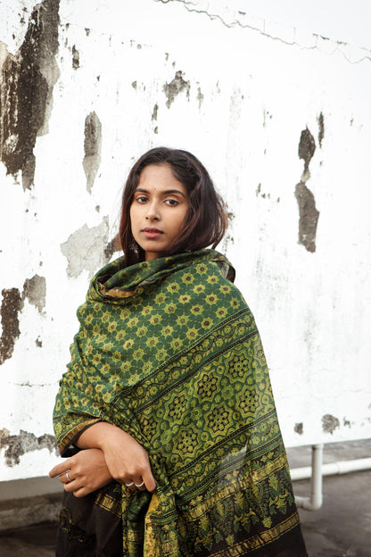 Kaisori Ajrakh Green Chanderi Dupatta Kaisori