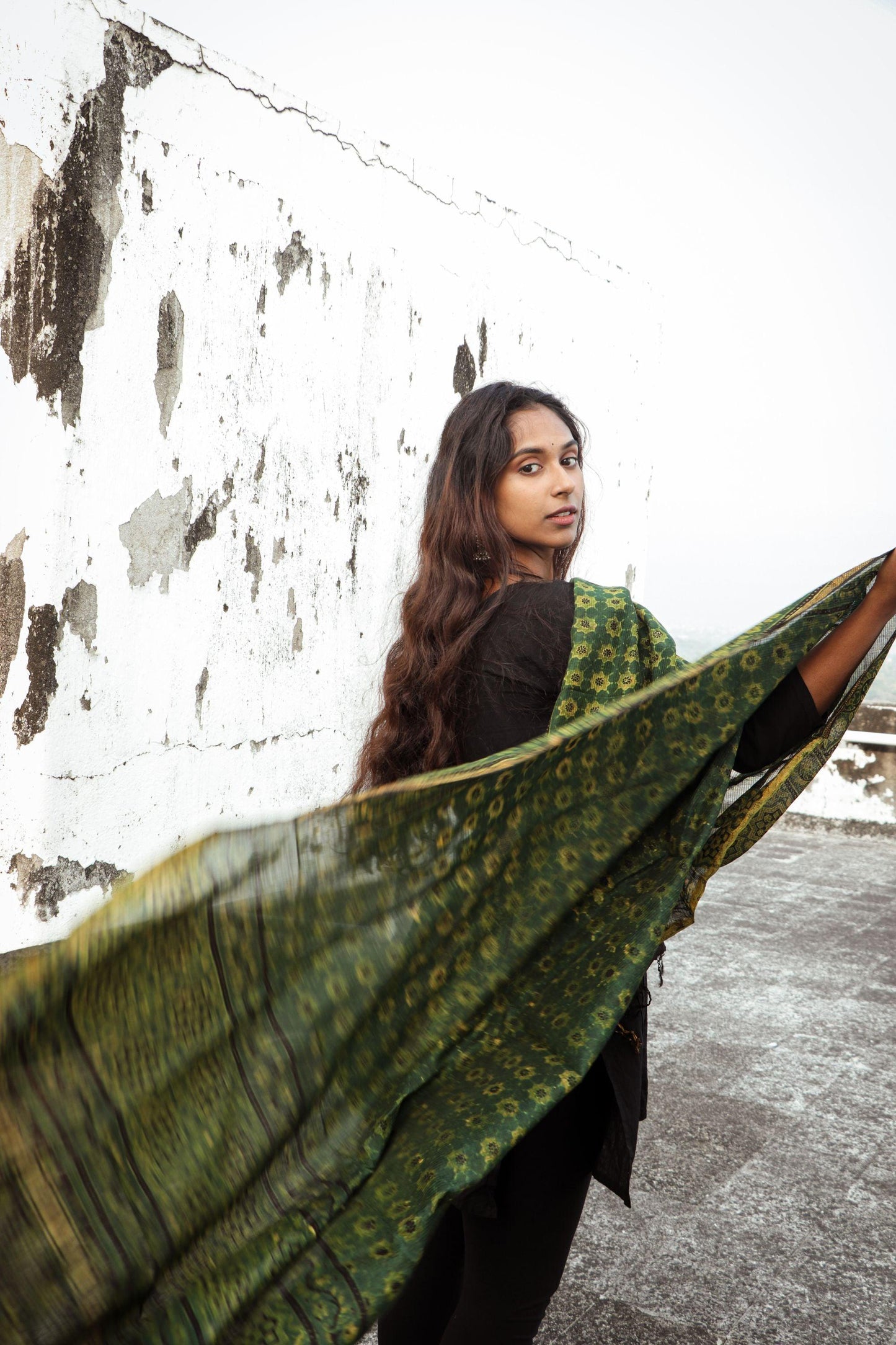 Kaisori Ajrakh Green Chanderi Dupatta Kaisori