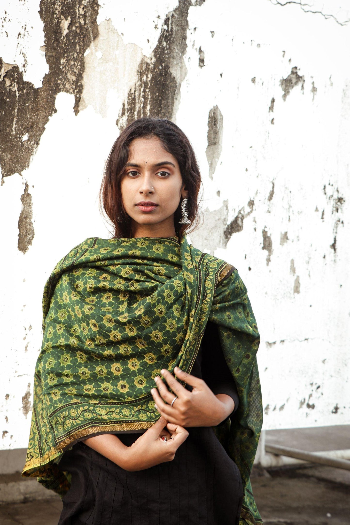 Kaisori Ajrakh Green Chanderi Dupatta Kaisori