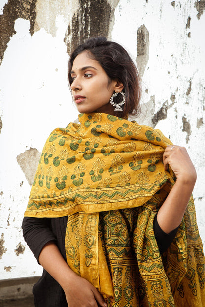 Kaisori Ajrakh Mustard Chanderi Dupatta Kaisori