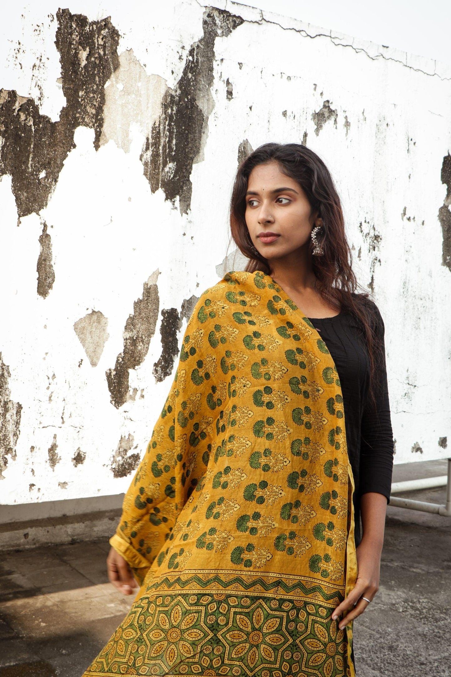 Kaisori Ajrakh Mustard Chanderi Dupatta Kaisori