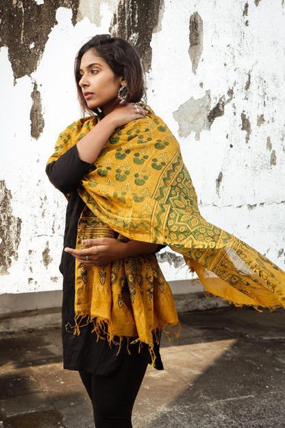 Kaisori Ajrakh Mustard Chanderi Dupatta Kaisori