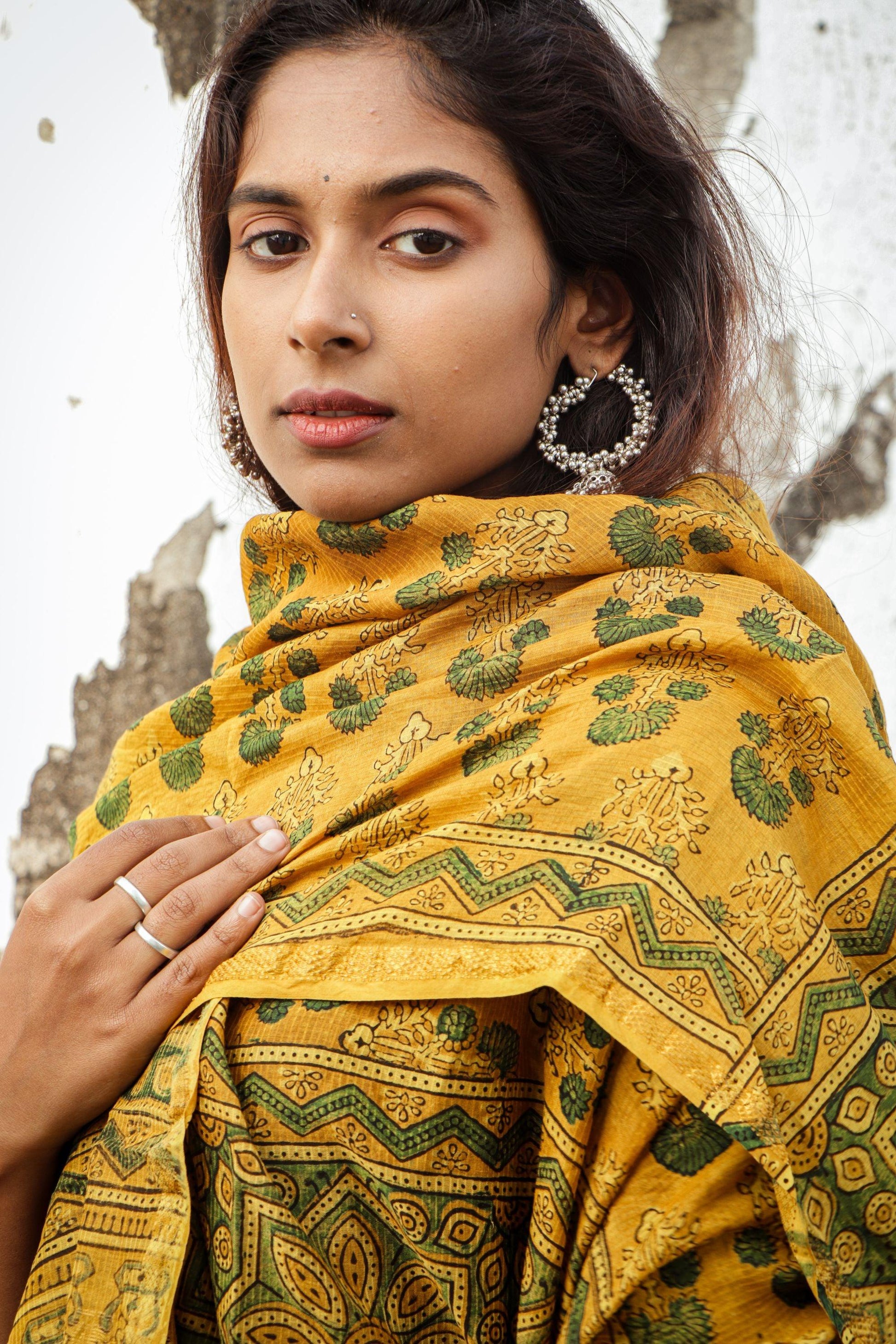 Kaisori Ajrakh Mustard Chanderi Dupatta Kaisori