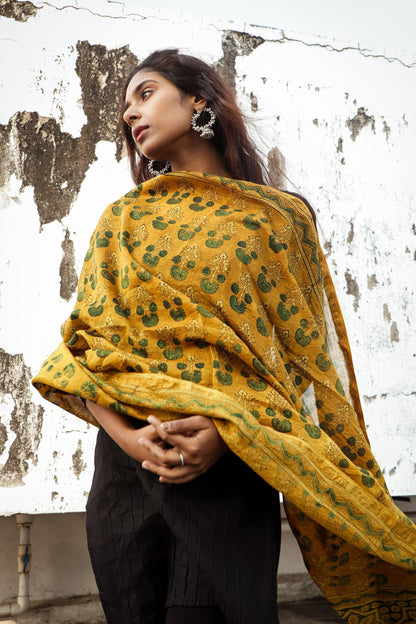 Kaisori Ajrakh Mustard Chanderi Dupatta Kaisori