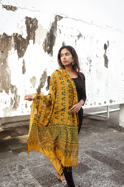 Kaisori Ajrakh Mustard Chanderi Dupatta Kaisori