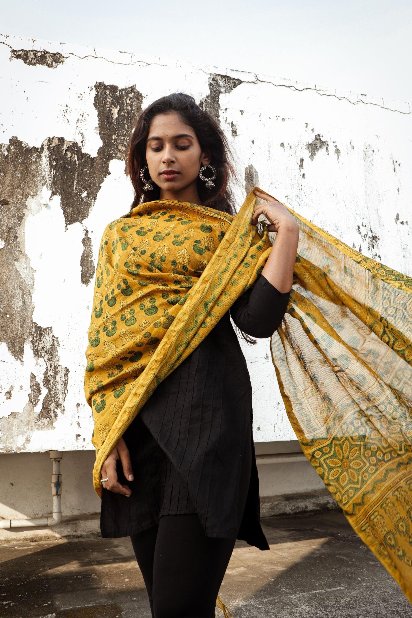 Kaisori Ajrakh Mustard Chanderi Dupatta Kaisori