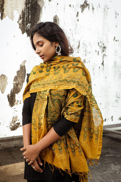 Kaisori Ajrakh Mustard Chanderi Dupatta Kaisori