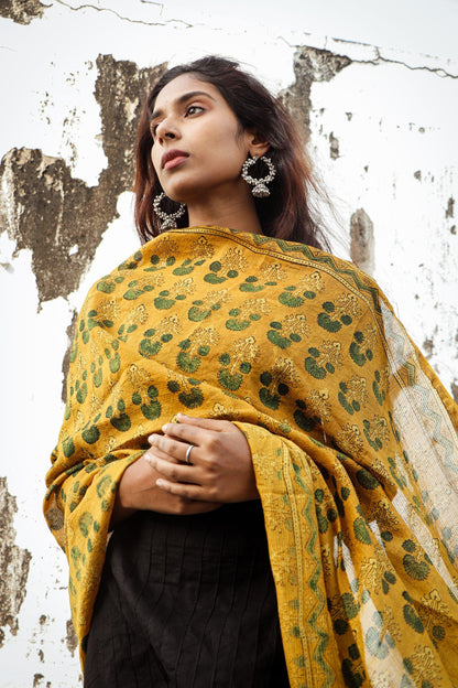 Kaisori Ajrakh Mustard Chanderi Dupatta Kaisori