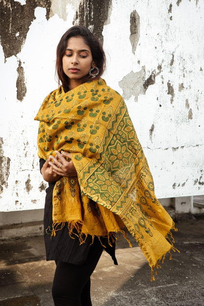 Kaisori Ajrakh Mustard Chanderi Dupatta Kaisori