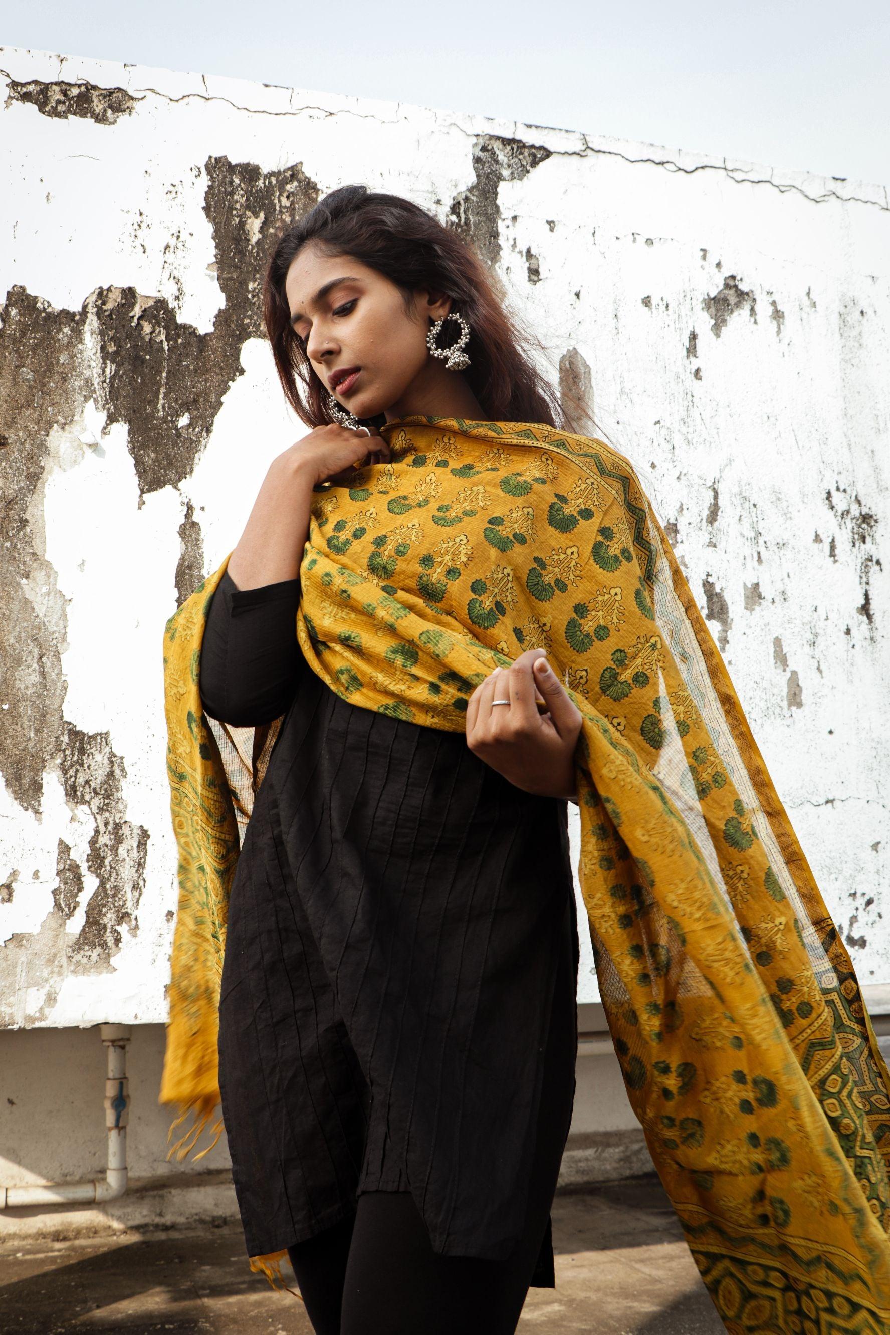 Kaisori Ajrakh Mustard Chanderi Dupatta Kaisori