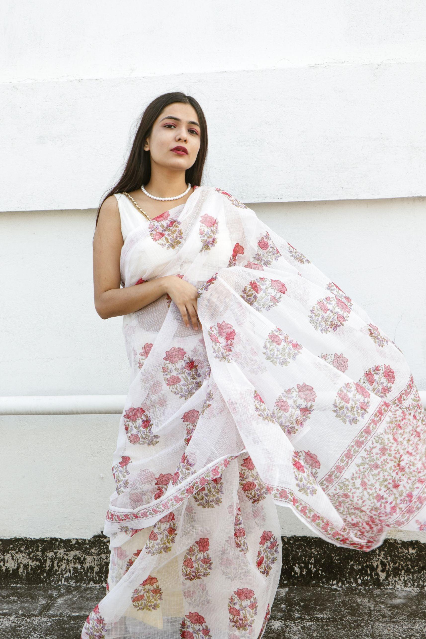 Kaisori Bagh Gulab Kota blockprinted silk cotton saree Kaisori