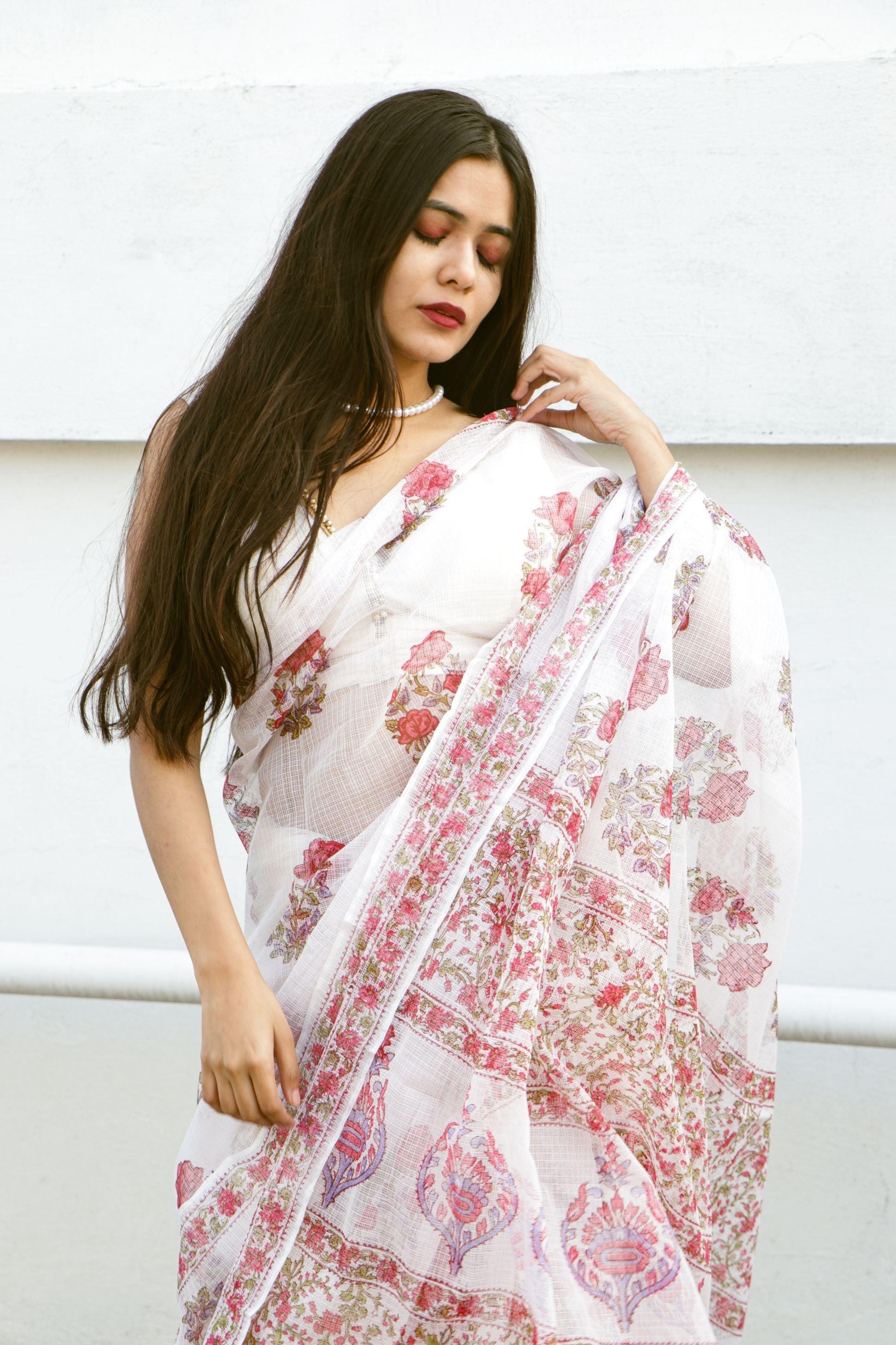 Kaisori Bagh Gulab Kota blockprinted silk cotton saree Kaisori