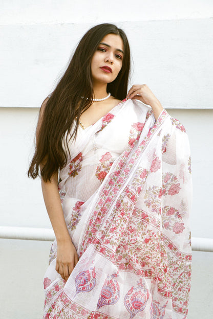 Kaisori Bagh Gulab Kota blockprinted silk cotton saree Kaisori