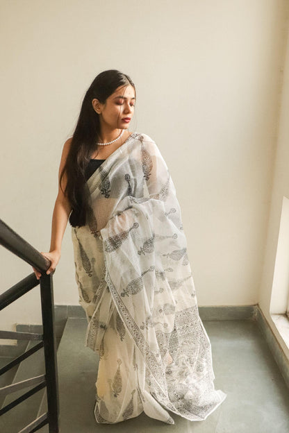 Kaisori Bagh Jasmine Kota blockprinted silk cotton saree Kaisori