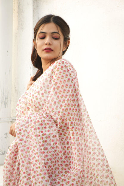 Kaisori Bagh Phool boota Kota blockprinted saree Kaisori