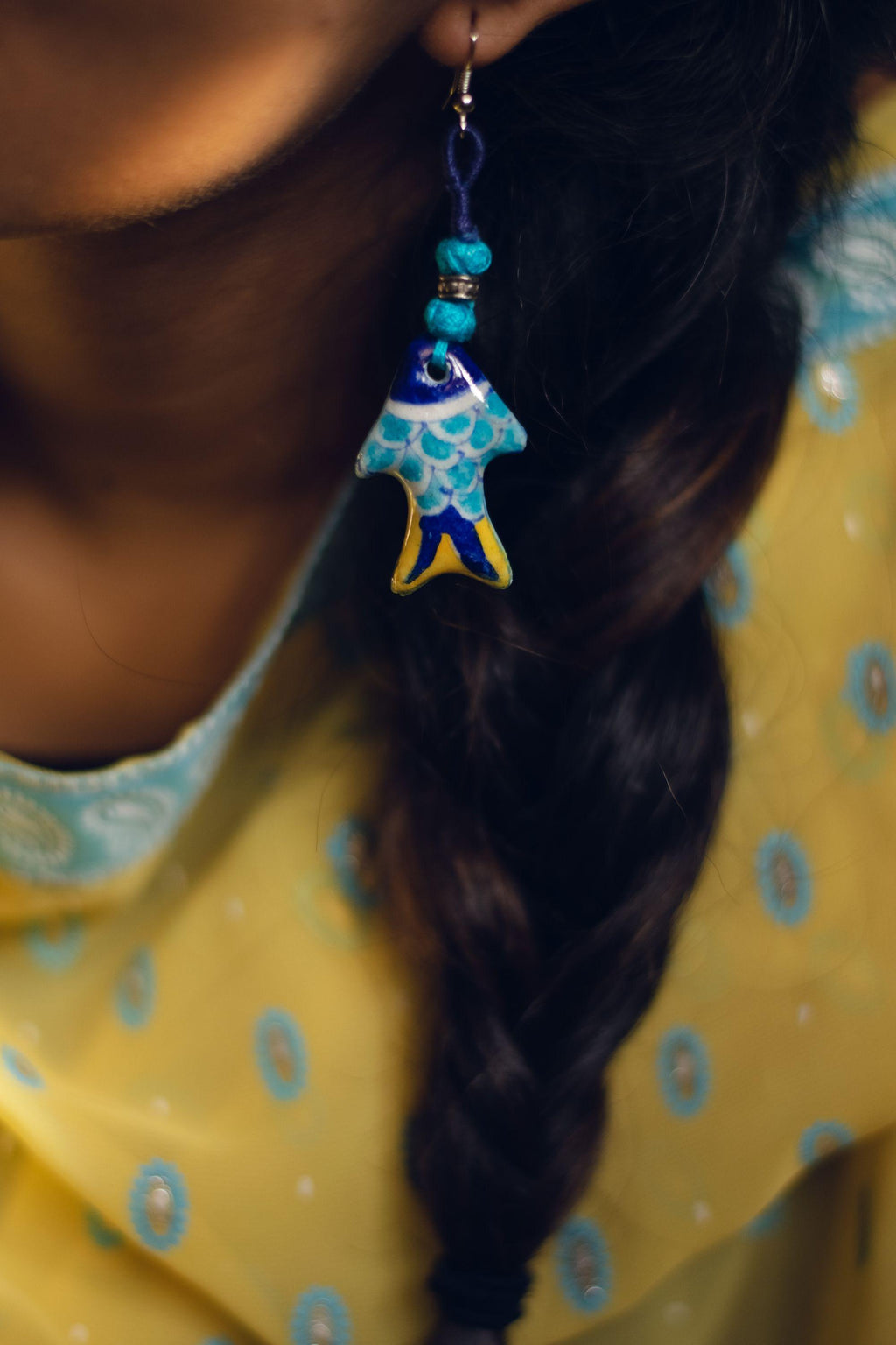 Kaisori Blue Pottery Earrings - Fish earring blue and yellow Kaisori