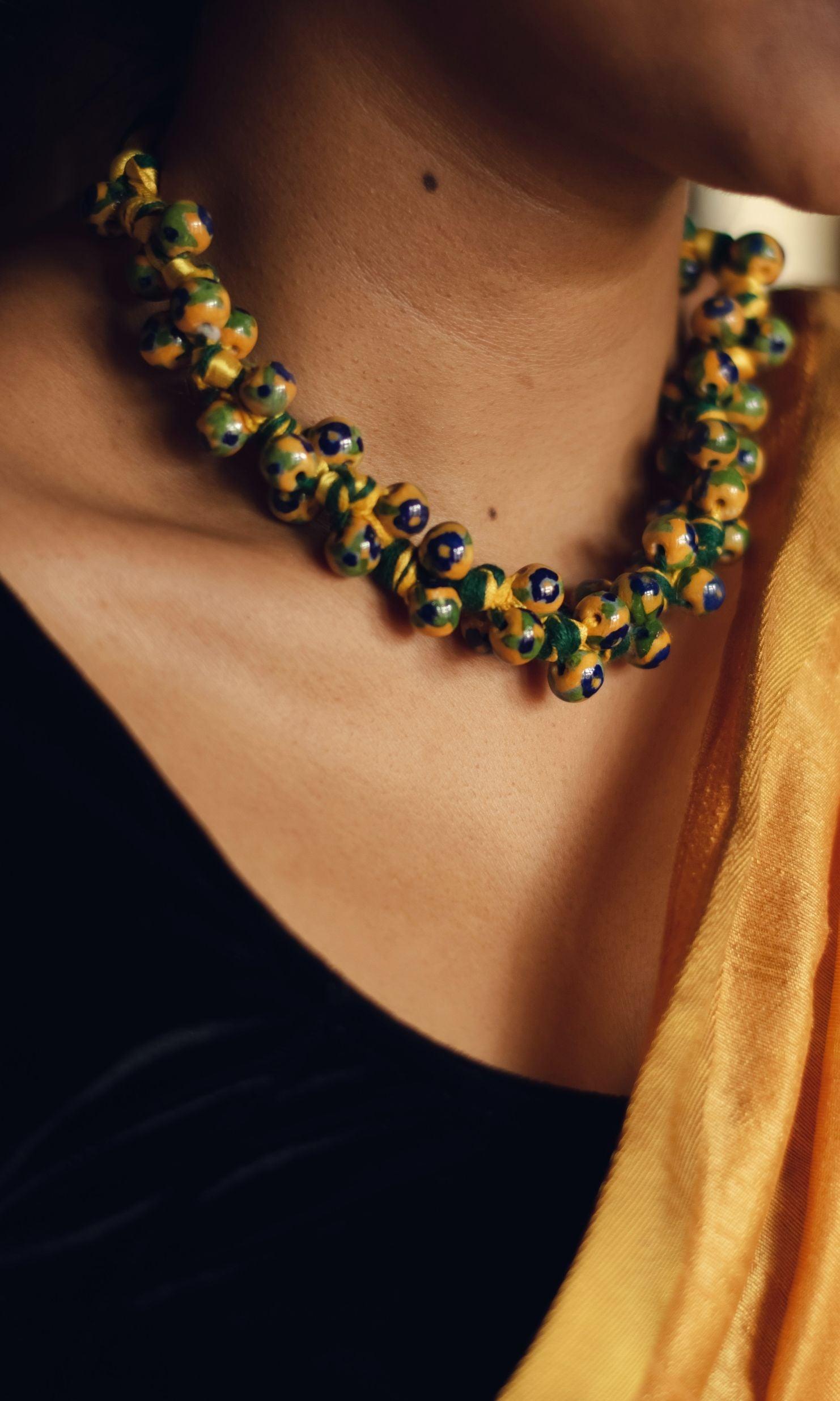 Kaisori Blue Pottery Knot necklace - yellow and green Kaisori
